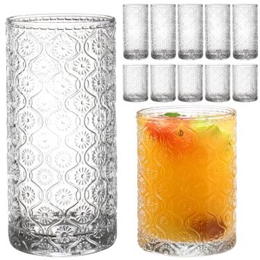 Imagem de FERAHI Conjunto de 8 copos de bebida verdes, copos Highball de 350 ml e copos de coquetel de 227 g, conjunto de copos vintage de cozinha transparente, copos de vidro em relevo floral para água