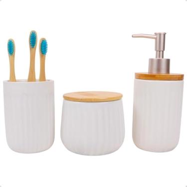 Imagem de Conjunto 3 Peças para Banheiro Porta Sabonete Líquido, Porta Escovas e Porta Algodão Cotonete de Cerâmica Canelado Branco