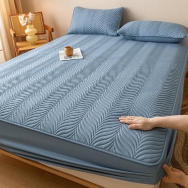 Imagem de Lençol de elástico macio e aconchegante protetor de colchão acolchoado confortável capa de colchão luxuosa, bolso profundo para colchão, impermeável sem ruído, colcha azul ||180 x 220 cm (conjunto de