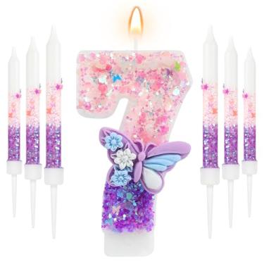 Imagem de AKURIEEY Borboleta 7º aniversário vela roxa número 7 com 6 peças velas longas para meninas, enfeite de bolo, decoração de cupcake, decoração de festa, aniversário, celebrações, suprimentos