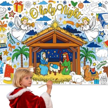 Imagem de InIsaJace Toalha de mesa para colorir de Natal para crianças, pôster, atividades artesanais, presépio de Natal, jumbo DIY banner para sala de aula e artigos de festa em casa (180 cm x 76 cm)