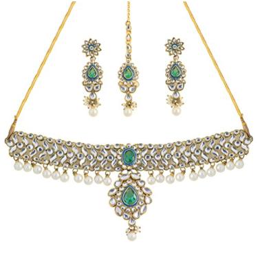 Imagem de Touchstone Gargantilha indiana Bollywood Kundan Look Faux Emerald Bridal Gargantilha em tom dourado antigo