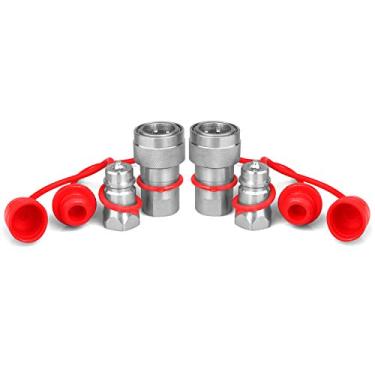 Imagem de Acopladores hidráulicos de trator de conexão rápida de 1/5.1 cm Ag com tampas de poeira, Poppet Pioneer Style ISO 5675 Acoplador rápido hidráulico rosca NPT de 1/5.1 cm e corpo ISO 5675