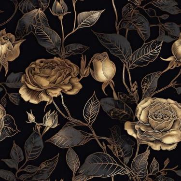 Imagem de FunStick Papel de parede floral preto e dourado de 44,5 cm x 899,2 cm Papel de parede floral vintage escuro e temperamental para paredes com detalhes de quarto, papel de parede autoadesivo de vinil
