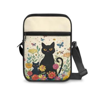 Imagem de Ecaestolph Bolsa mensageiro unissex para homens e mulheres, bolsa tiracolo de poliéster com bolso com zíper, Gato de desenho animado borboleta margarida amarela, One Size