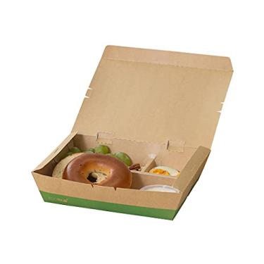 Imagem de Eco Tek Caixa Bento Retangular de Papel Kraft e Verde - 3 compartimentos, Compostável - 23 cm x 19 cm x 5 cm - Caixa com 100 unidades - Utensílios de restaurante