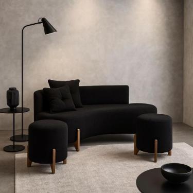 Imagem de Conjunto Sofá Curvo Orgânico + 02 Puff Luna Boucle Preto - Montanaris 