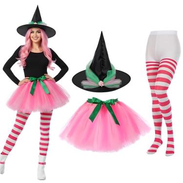 Imagem de SATINIOR Fantasia feminina de bruxa de Halloween 2025, chapéu de bruxa, saia tutu e meia-calça listrada para festa cosplay (rosa, verde e branco)