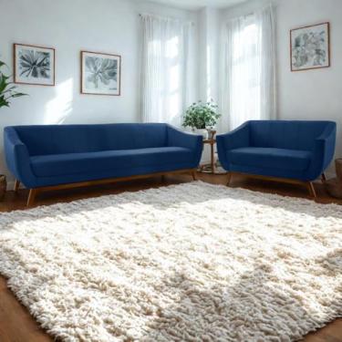 Imagem de Conjunto Milano Sofá 3 Lugares Namoradeira - Veludo Azul - Larbelle