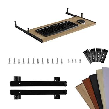 Imagem de Bandeja de teclado de madeira gaveta de teclado deslizante apoio de braço mesa suporte de teclado deslizante clipe de metal trilho apoio de braço sob a mesa teclado computador bandeja descanso de