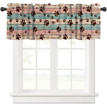 Imagem de YSWOW Cortina de saia com estampa de pata de cachorro para adolescentes, decoração de quarto de crianças, tábua de madeira rústica, cachorrinho, patas, arte impressa, cortinas de janela, decoração