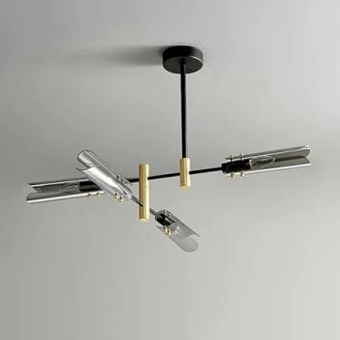 Imagem de KSSTEVNBD Lustre Sputnik moderno, luminária de teto de montagem semiembutida preta e dourada com cúpula de vidro de tubo, lustres de teto de metal rotativos de meados do século para quarto, sala de