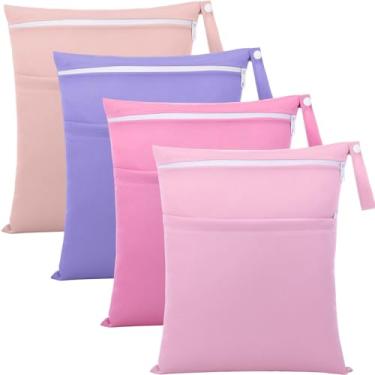 Imagem de SATINIOR Pacote com 4 sacos secos e úmidos para bebês, fraldas de pano, laváveis, roupas de banho de viagem, sacos de molhado, reutilizáveis, com dois bolsos com zíper para ioga, academia, roupas de