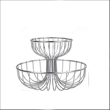 Imagem de HSYHKDSY Bandeja de frutas, cesta de frutas de arame, frutas vegetais de metal redondo, suporte de tigela de armazenamento de pão para balcão de cozinha, armário (cor: prata) (prata b)