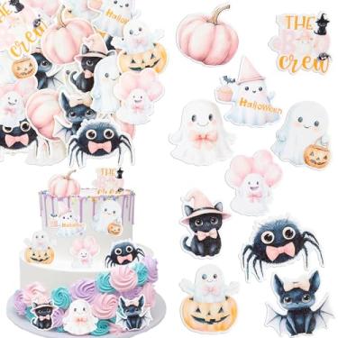 Imagem de Ephlyn 50Pcs Edible Pink White Halloween Cupcake Toppers Wafer Paper Spooky Bat Pumpkin Cupcake Picks Pink Skull Little Boo Cupcake Toppers for Halloween Eve Theme Party Birthday Decor Supplies