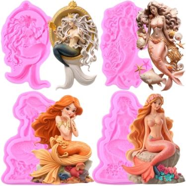 Imagem de MIYAHOUSE Molde de silicone para fondant de sereia para decoração de bolos, topo de cupcake, pasta de goma de chocolate, argila de polímero, conjunto de 4