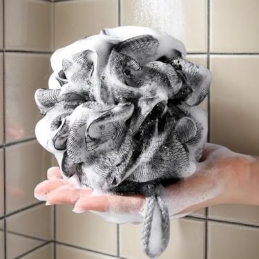 Imagem de 4 peças esponja de banho chuveiro buchas 60 g malha pufe banho scrunchies sabonete líquido chuveiro puff preto