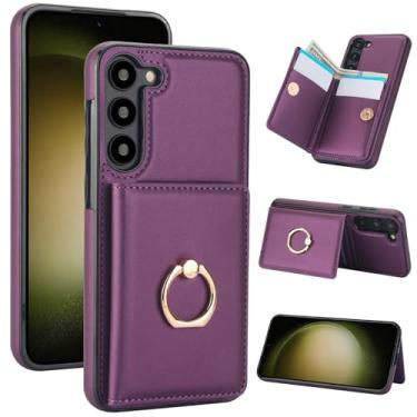 Imagem de Capa carteira para Samsung Galaxy S23 5G 6,1 polegadas com suporte para cartão, capa de couro com bloqueio RFID, suporte de anel giratório de 360° com fecho magnético à prova de choque (roxo escuro)
