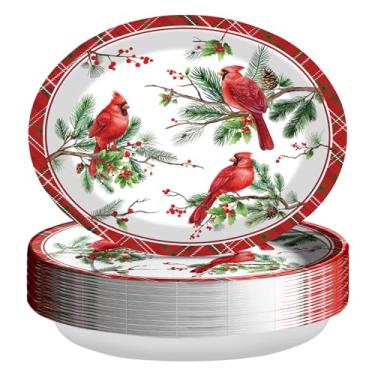 Imagem de 50 peças de pratos ovais de guingão de Natal, 25,4 x 30,5 cm, pratos grandes de festa de pássaro cardeal vermelho, descartáveis, resistentes, xadrez, baga de azevinho, para decoração de Natal, Natal