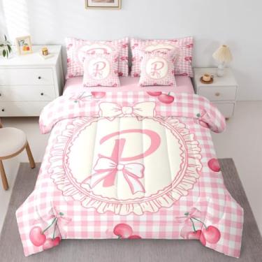 Imagem de Feelyou Conjunto de edredom com laço rosa com 7 peças, solteiro, cereja e laço, para crianças, meninos, meninas, personalizado, com letra P, em microfibra macia e leve