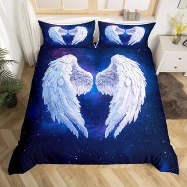 Imagem de Conjunto de capa de edredom de asas brancas, tamanho solteiro, temática de anjo celeste, 2 peças para decoração de quarto de crianças, meninas, meninos, adultos, versículo da Bíblia cristã, capa de