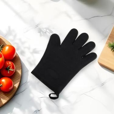 Imagem de Generic 1 luva de forno com borda desossada de 5 dedos luva de forno apenas lavagem à mão agulha de silicone algodão preto 27,5 x 20,5 cm