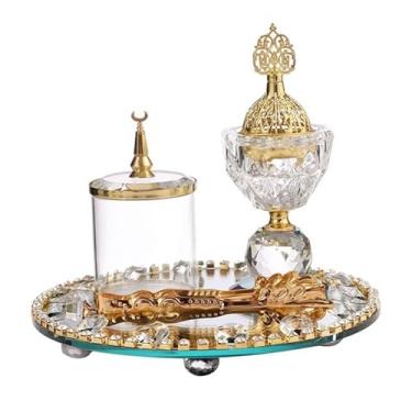 Imagem de Porta-incenso decorativo Conjunto de queimador incenso luxo dourado, olíbano Bakhoor 4 peças, incensos carvão cristal, para aromaterapia meditação, decoração escritório e casa