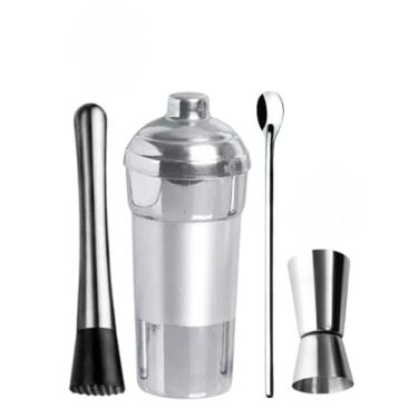 Imagem de Kit Combo Bar 4 Peças Coqueteleira Alumínio socador dosador duplo e colher de suco para Bares Restaurantes