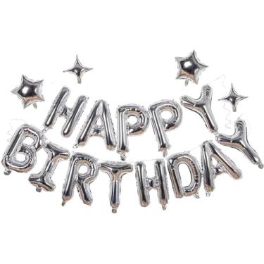 Imagem de Bandeira de feliz aniversário prata balão folha de alumínio carta de 40,6 cm, estrela de cinco pontas de 25,4 cm, estrela de quatro pontas, adequado para crianças, homens, mulheres, meninos e meninas