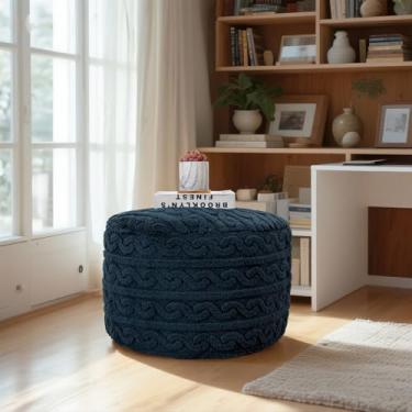Imagem de Asuprui Pufe redondo pufe recheado pufe para pés cadeira de chão para sala de estar quarto descanso de pés boho poof para sofá 20 diâmetro x 12 altura pufe azul marinho com enchimento