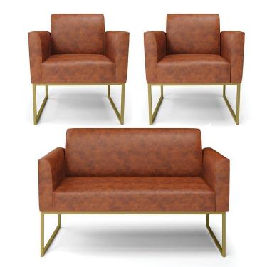 Imagem de Sofá Namoradeira Com 2 Poltronas Base Industrial Dourado Marisa Corano Nozes D03 - D'rossi