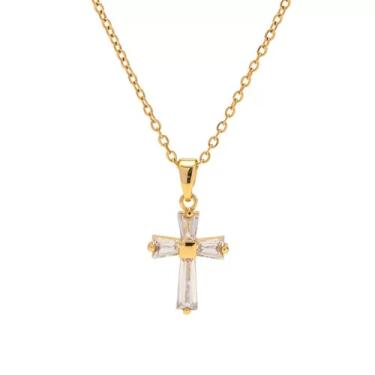 Imagem de RueraHoo Colar com pingente de cruz de aço inoxidável banhado a ouro 18K com zircônia, joia religiosa para presente, middle, Aço inoxidável, Zircônia cúbica