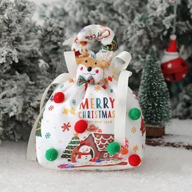 Imagem de Sacos de presente de cordão de Natal com boneco de neve, casa de gengibre e design de feliz Natal, bolsas de presente festivo para pequenos presentes e doces, sacolas de lembrancinhas de festa de fim
