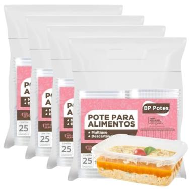 Imagem de Pote Descartável 1000ml Retangular Freezer Microondas Marmita Fit Com Tampa (100 Unidades)