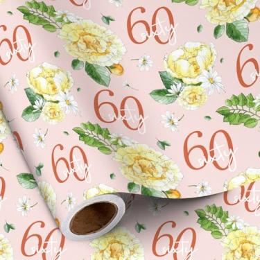 Imagem de RUSPEPA Papel de embrulho de aniversário de 60 anos para mulheres - Mini rolo - design floral e 60º aniversário em fundo rosa para festa de aniversário feminina e mais - 43 x 5 m