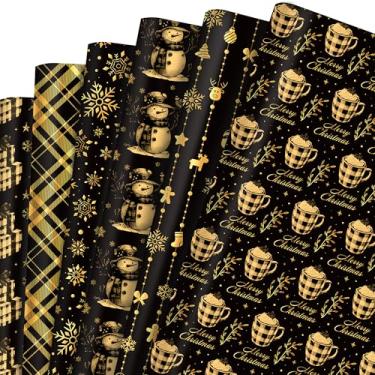 Imagem de 12 folhas de papel de embrulho de Natal – Papel de embrulho de Natal preto dourado com 6 desenhos (2 cada) com boneco de neve, floco de neve, cacau quente, padrões de listras xadrez, papel de arte