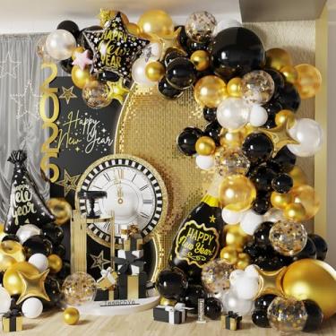 Imagem de Kit de arco de guirlanda de balões pretos e dourados, 142 peças de balões de confetes dourados metálicos pretos e brancos com chapéu de garrafa, balão de folha de estrela para decorações de festa de