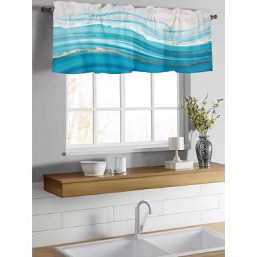 Imagem de Cortinas para Janelas com Ondas Azuis para Janelas Varão Bolso Abstrato Gradiente Arte Fluida Decoração Cortina para Cozinha Sala de Estar Quarto 137 cm x 45 cm
