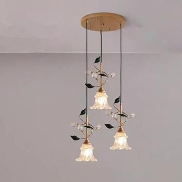 Imagem de Lustre Americano Pastoral com Criatividade Francesa e Flores para Sala de Estar, Sala de Jantar, Quarto, Escritório, Casa de Campo ou Escada - Luminária Pendente LED (HA 3 Lâmpadas)