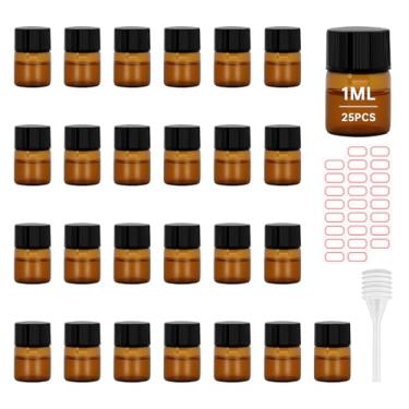 Imagem de eispap 25 frascos de vidro âmbar de 1 ml, frascos de óleo essencial transparentes, recipientes vazios de amostra cosmética com tampa preta para óleos essenciais, perfumes, aromaterapia (25)