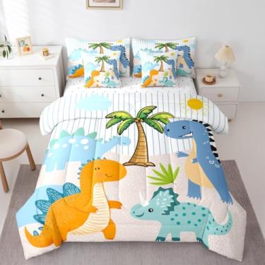 Imagem de Feelyou Jogo de edredom fofo de dinossauro com 7 peças, solteiro, desenho animado, dinossauro, para crianças, meninos, meninas, selva, dinossauro, decoração de quarto, microfibra leve e macia