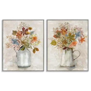 Imagem de Stupell Industries Autumn Bouquets Country Jugs Conjunto de arte giclée emoldurado cinza de 2 peças, design de Carol Robinson, 20 x 16