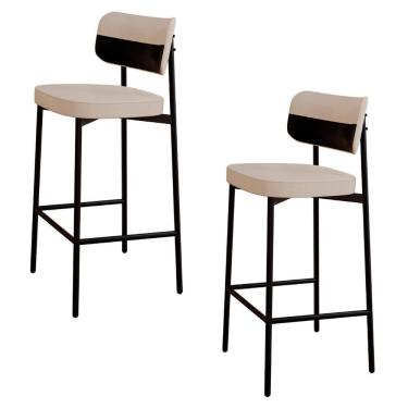 Imagem de Banqueta Alta Bar Estofada Kit 2 Ella M25 Linho Areia-preto - Mpozenato