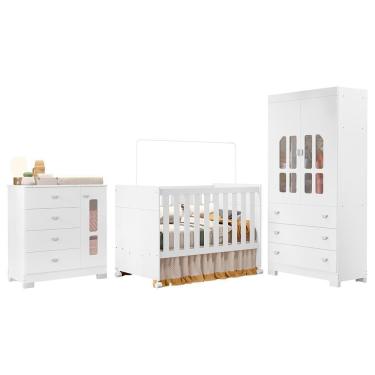 Imagem de Dormitório Infantil New Katatau Guarda Roupa, Cômoda E Berço Mini Cama Branco Fosco - Reller Móveis Branco Fosco