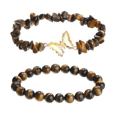 Imagem de PATIKIL Pulseiras de cristal para mulheres, 2 peças, pulseira de contas de ametista natural com pingente de borboleta elástica para presentes de amizade de casal, marrom