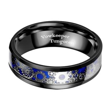 Imagem de Anel de casamento masculino de tungstênio preto de 8 mm, incrustado com padrão de engrenagem azul, estilo vintage industrial steampunk, aliança de casamento tamanho 7-13, Metal, Sem pedra preciosa