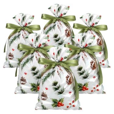 Imagem de Tenare 100 unidades de sacos de guloseimas de celofane de Natal a granel de plástico para doces de pinhas, pinhas, ramo de pinheiro, saco de presente com fita de 40 metros para artesanato de