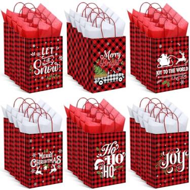 Imagem de Funrous 36 peças de sacos de presente de Natal com papel de seda sacos de presente de Natal com alças vermelho preto búfalo xadrez doces bolsa de mão para lembrancinhas de festa de Natal, suprimentos