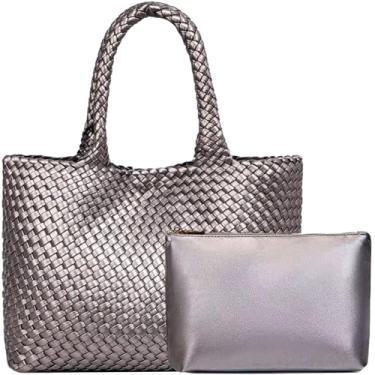 Imagem de JINMANXUE Bolsa feminina de neoprene de tecido de grande capacidade, bolsa de ombro casual feita à mão, Cinza prateado, One Size
