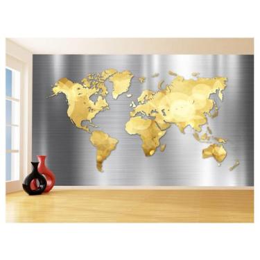 Imagem de Papel De Parede 3D Mapa Mundi Aço Escovado Ouro 3,5M Nmu62 - Você Deco